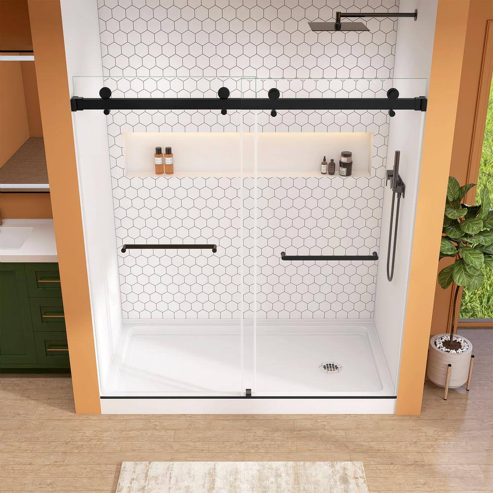 60-Inch Matte Black Frameless Sliding Shower Door with Clear Glass