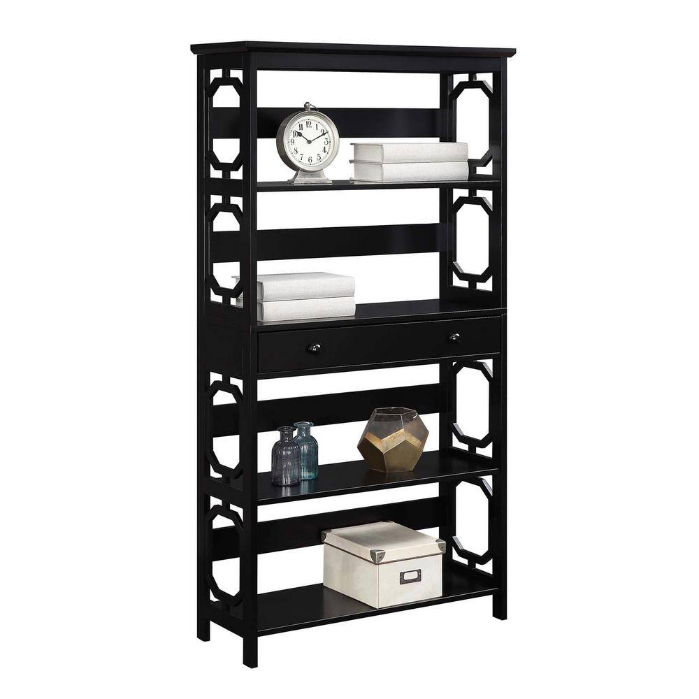 Black Wood 5-Tier Bookcase with Drawer