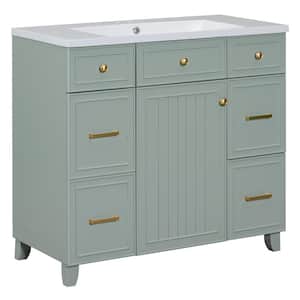 36 in. W x 18 in. D x 34.3 in. H Green Linen Cabinet with 3-Drawers, Bath Vanity and White Resin Sink Top