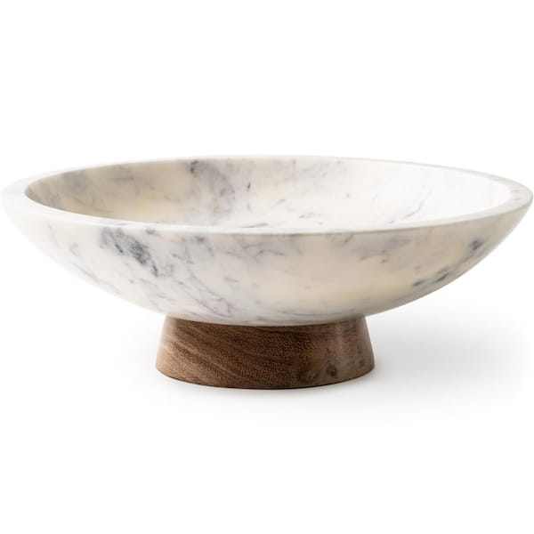 11 in. Elegant White Marble Decorative Bowl with Natural Acacia Wood Pedestal Base for Entryway and Dining Table