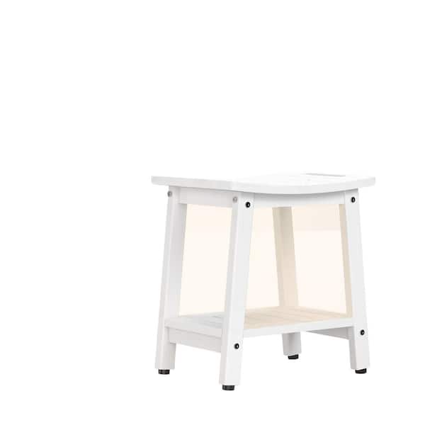 16 in. HDPE Shower Bench in White, Waterproof Shower Stool, Spa Bathroom Seat Chair with Handle, Storage Shelf