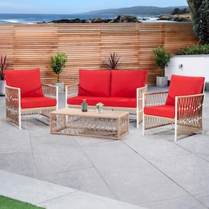 4-Pieces Wicker Outdoor Patio Conversation Sectional Set with 2 Chairs and 1 Coffee Table in Red Cushions