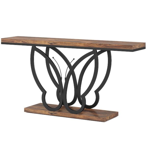 BYBLIGHT Turrella 55 in. Brown and Black Console Tables Rectangle Wooden Console Table with Butterfly Metal Frame for Living Room