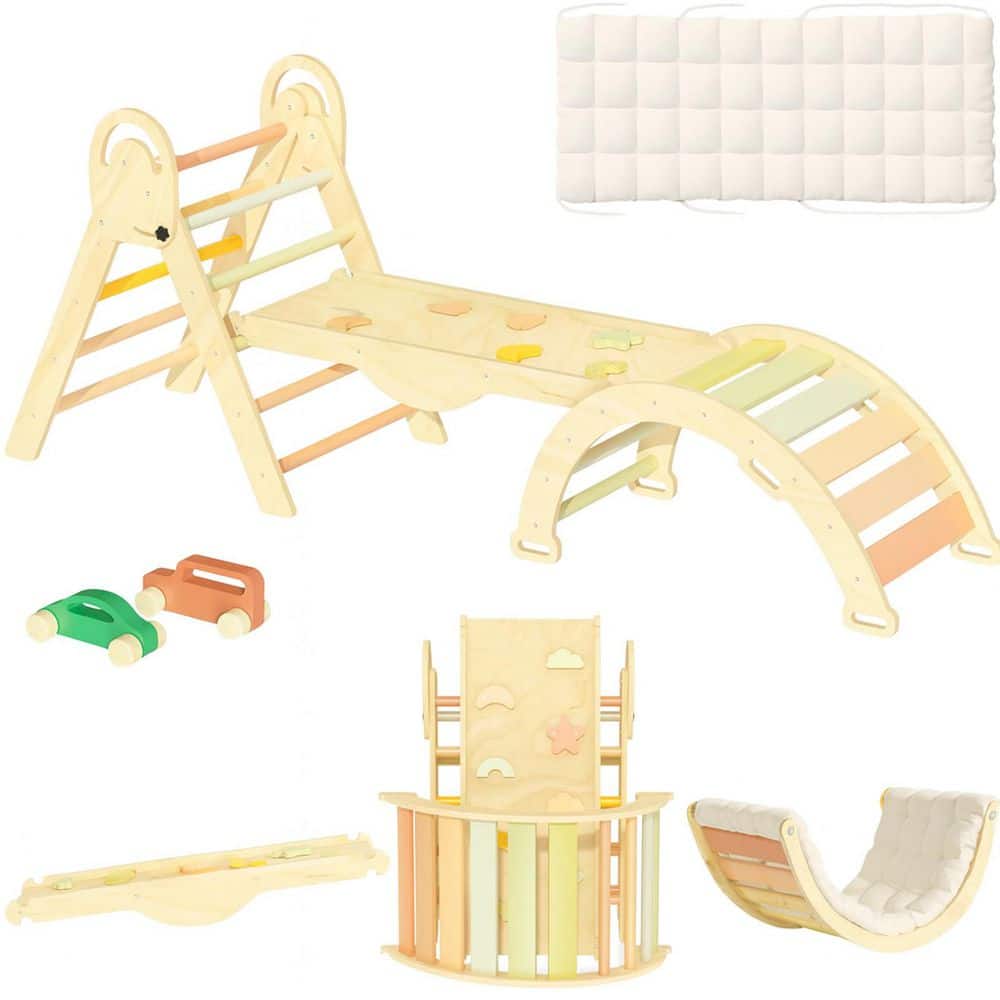Pikler Triangle Set, Indoor/Outdoor Toddler Climbing Playset with Cushion & Toy Cars, Freestanding Jungle Gym for Ages price history on PriceWatchPro