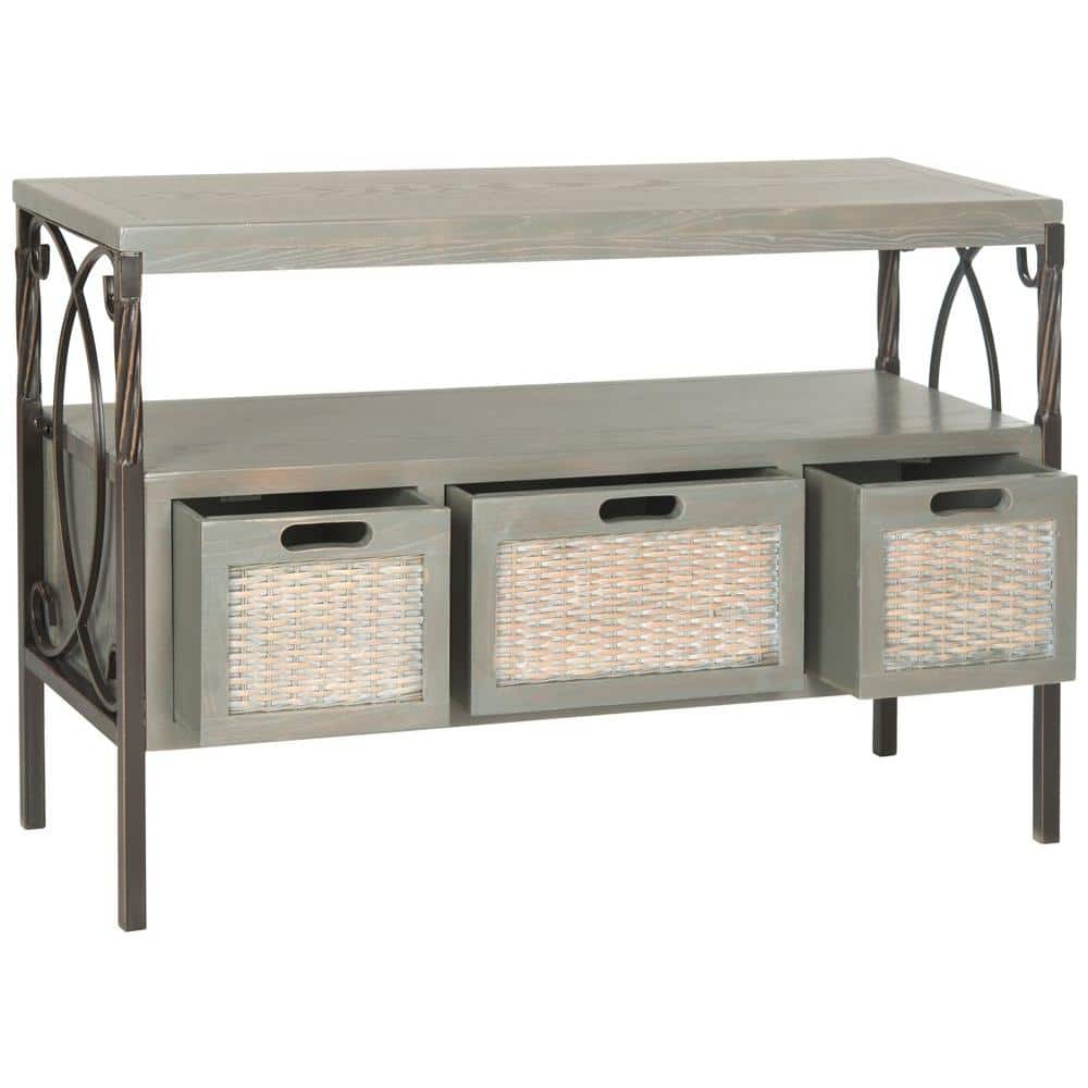 Transitional Gray 3-Drawer Console Table with Wicker Accents