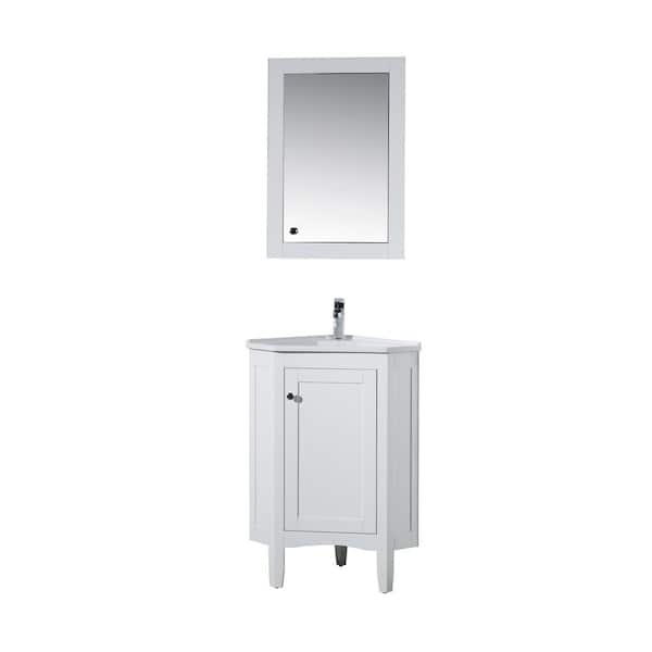 stufurhome Monte 25 in. W x 18 in. D Corner Vanity in White with Porcelain Vanity Top in White with White Basin and Mirror Cabinet