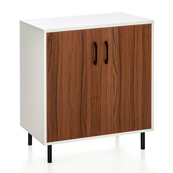 Costway 2-Door White and Walnut Wood 28.5 in. Sideboard Buffet Storage Cabinet Kitchen Cupboard with Adjustable Shelf