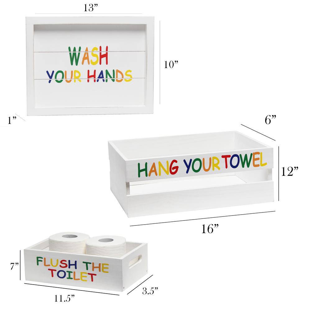 White Wash Nautical Wood Three Piece Bathroom Set with Colorful Text