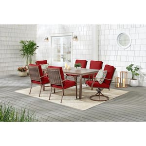 Geneva 7-Piece Brown Wicker Outdoor Patio Dining Set with CushionGuard Chili Red Cushions