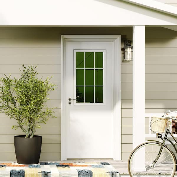 32 in. x 80 in. 9 Lite, Universal, Clear Glass, White Primed Wood Front Door Slab