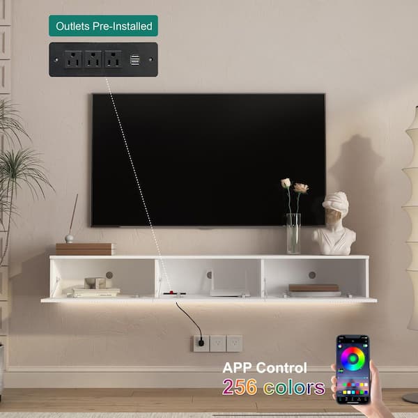 65 in. W White Floating TV Stand for 65 in. TVs Wall Mounted with Lights