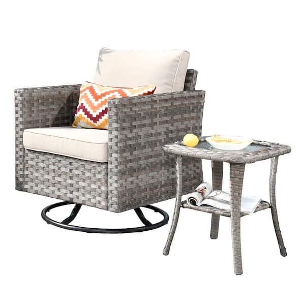 Tahoe Grey Swivel Rocking Wicker Outdoor Patio Lounge Chair with a Side Table and Beige Cushions