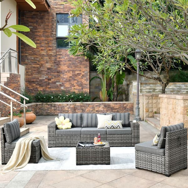HOOOWOOO Crater Gray 6-Piece Wicker Wide-Plus Arm Outdoor Patio Conversation Sofa Set with Striped Grey Cushions