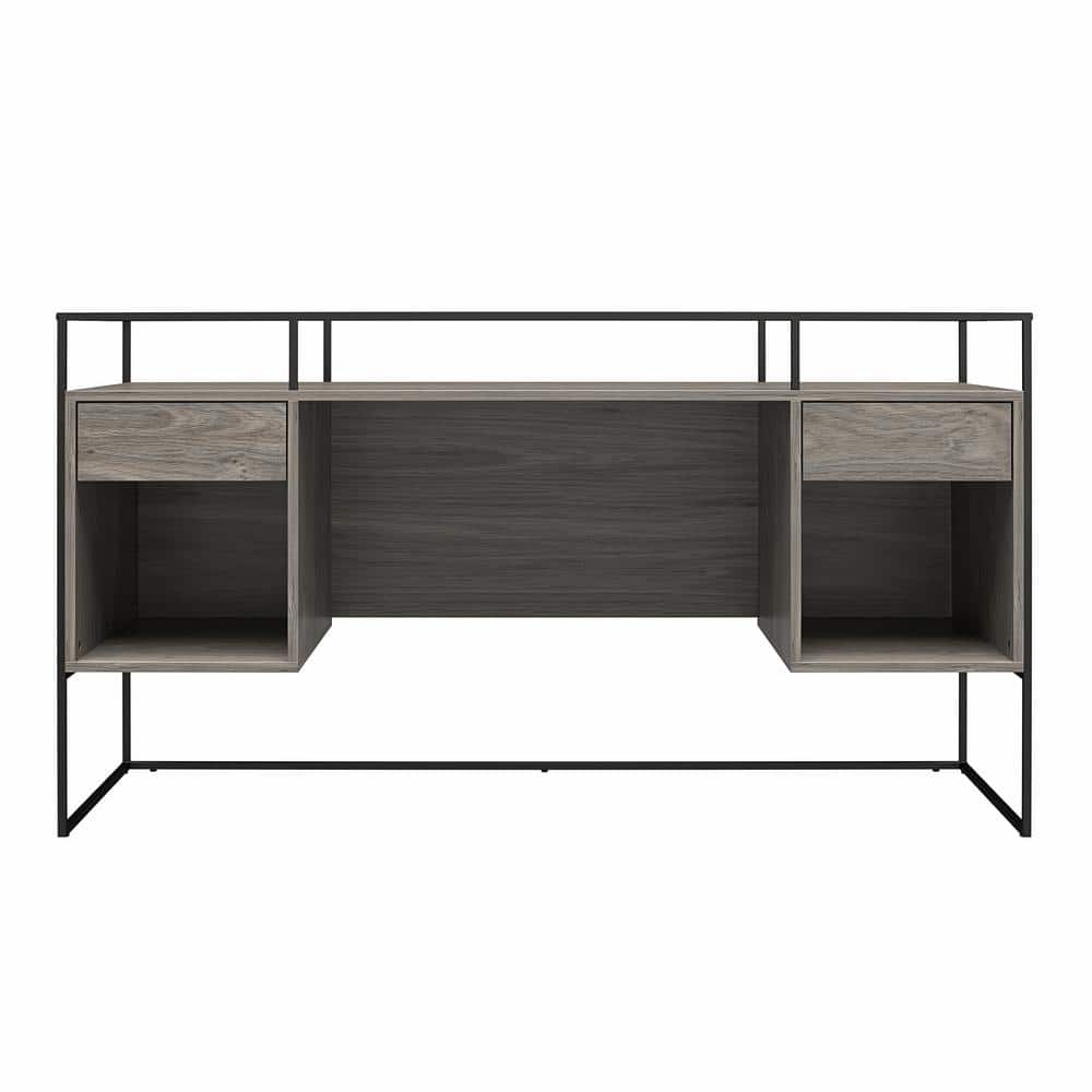Creedmore Modern Desk with Fluted Glass Top, 2-Drawers and Storage, Gray 55