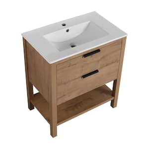 PLAIN 30 in. W x 18.3 in. D x 33.75 in. H Single Sink Freestanding Bath Vanity in Light Oak with White Ceramic Sink Top