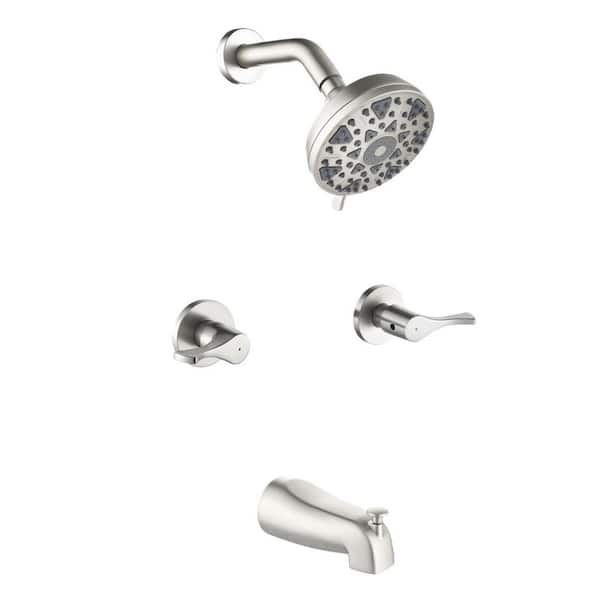 Fapully Double Handle 2-Spray Tub and Shower Faucet 2.5 GPM, 5 in. Head Shower with 6 Functions in Brushed Nickel Valve Included