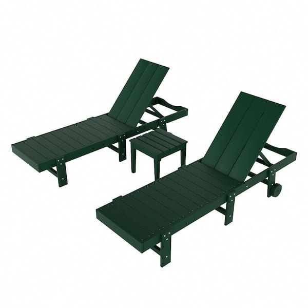 WESTIN OUTDOOR Shoreside 3-Piece Modern HDPE Fade Resistant Reclining Chaise Lounges With Wheels and Side Table in Dark Green
