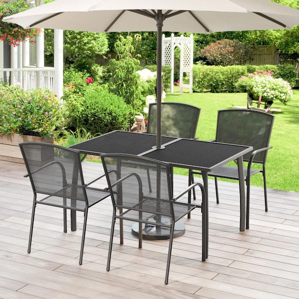 Dark Gray 5-Piece Steel Rectangular Table Outdoor Dining Set