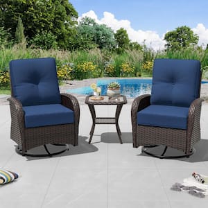 3-Pcs Dark Brown Wicker Outdoor Rocking Chair Patio Conversation Set Swivel Chairs with Blue Cushions and Table