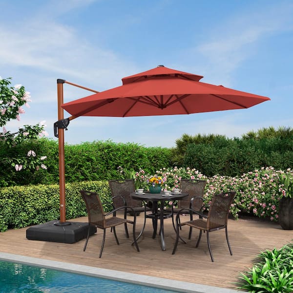 PURPLE LEAF 10 ft. Octagon High-Quality Wood Pattern Aluminum Cantilever Polyester Patio Umbrella with Base, Brick Red