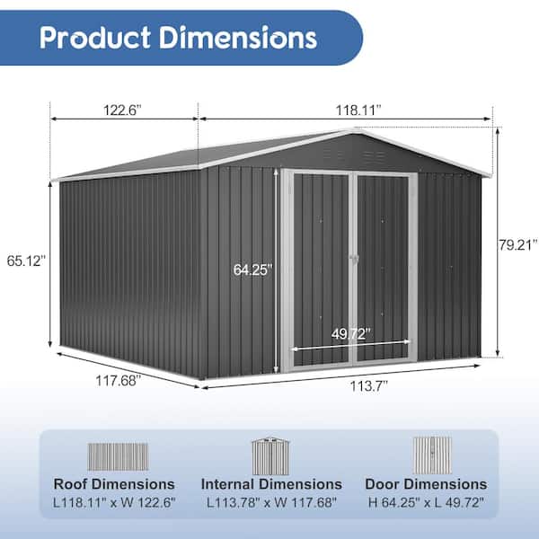 ToolCat 10x10 ft Outdoor Metal Storage Shed with Lockable Double
