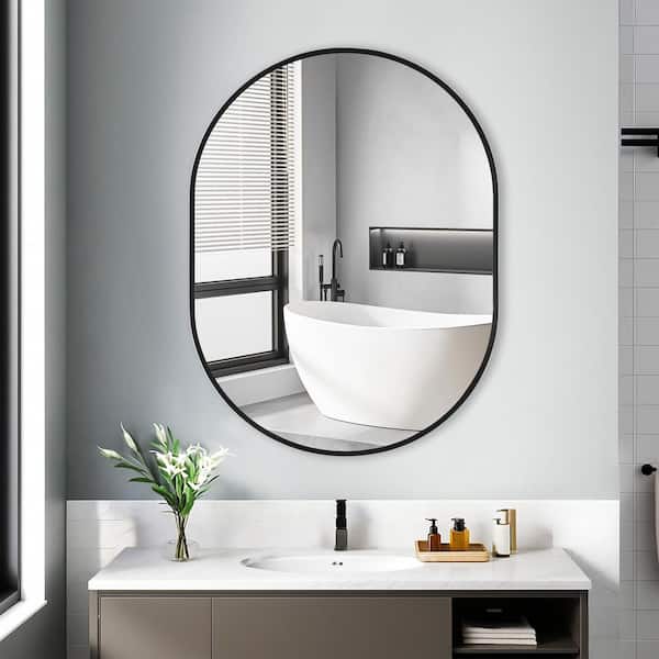 30 in. W x 40 in. H Modern Oval Metal Framed Wall Mounted Bathroom Vanity Mirror in Black