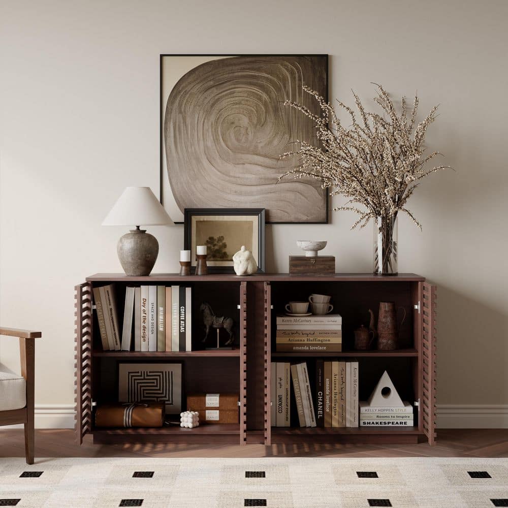 Oak Particle Board 60 in. Sideboard Cabinet with Slatted Doors and Adjustable Shelves Bookcase for Dining Living Room price history on PriceWatchPro