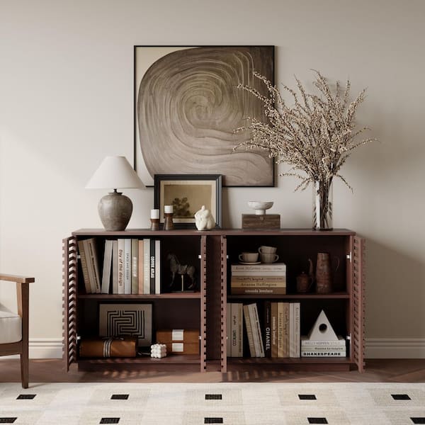 Clihome Oak Particle Board 60 in. Sideboard Cabinet with Slatted Doors and Adjustable Shelves Bookcase for Dining Living Room