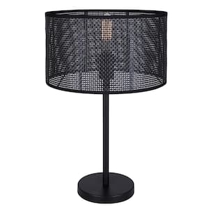 Bellamy 22 in. Matte Black Table Lamp with Black Faux Rattan Shade and 3 Way Switch