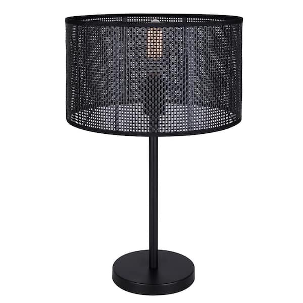 Canarm Bellamy 22 in. Matte Black Table Lamp with Black Faux Rattan Shade and 3 Way Switch