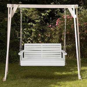 2-Person Wood White Porch Swing with Hanging Chains for Garden Yard