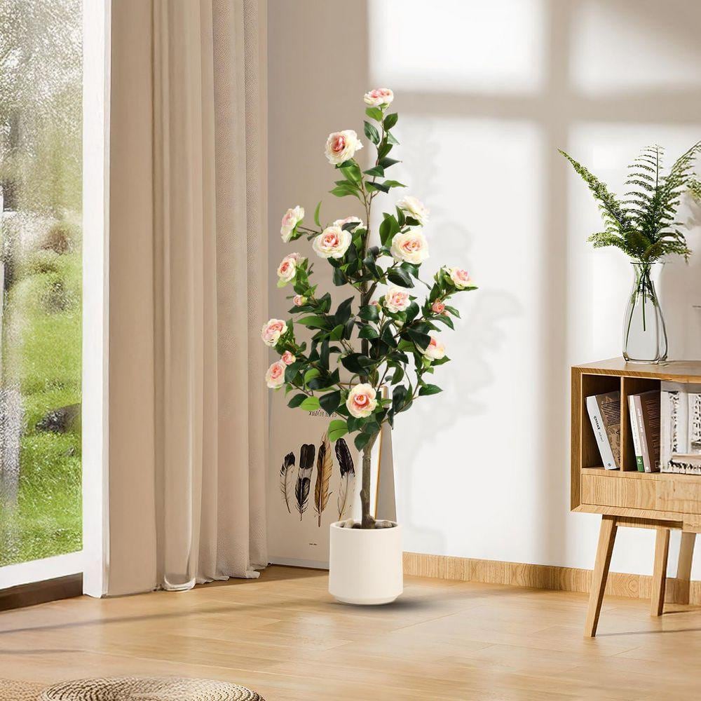 4 ft. Artificial Camellia Tree in White Pot-Faux Flower Plant for
