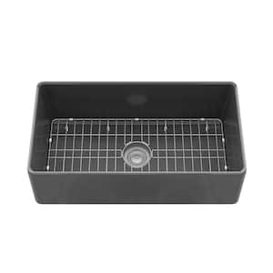 3318 33 in. Farmhouse Apron Single Bowl Black Fireclay Kitchen Sink with Bottom Grid and Drain