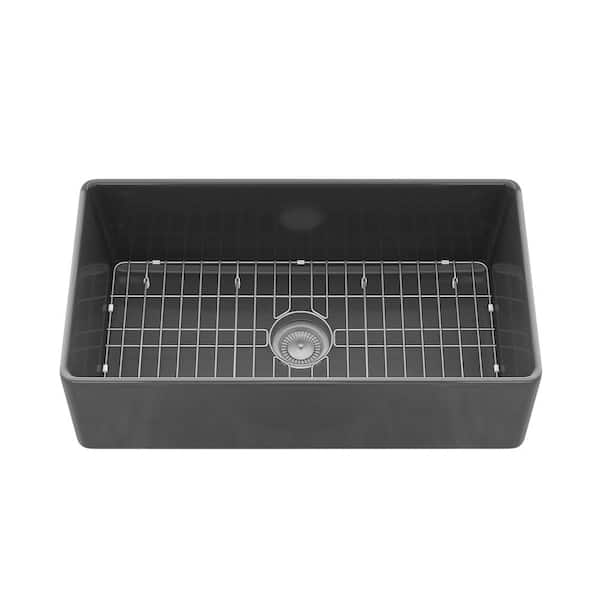 Sinber 3318 33 in. Farmhouse Apron Single Bowl Black Fireclay Kitchen Sink with Bottom Grid and Drain