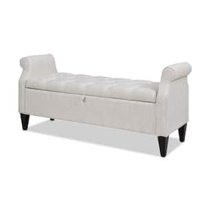 Jacqueline 57.5 x 20 x 25 in. Natural White Linen Tufted Roll Arm Storage Bench