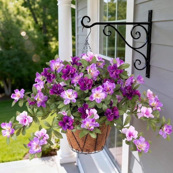 25 in. Purple Artificial Azalea Flowers Baskets for Outdoor