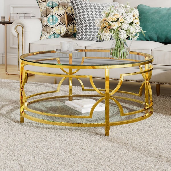 30.7 in. Transparent Round Glass Coffee Table with Metal Frame