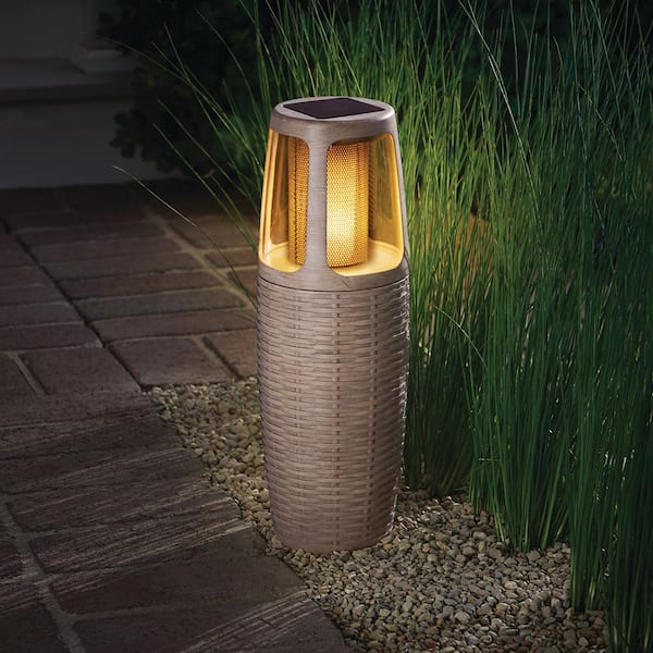 Hampton Bay Ambrose Specialty Finish Natural Wicker LED Flicker Flame Outdoor Solar Bollard Light
