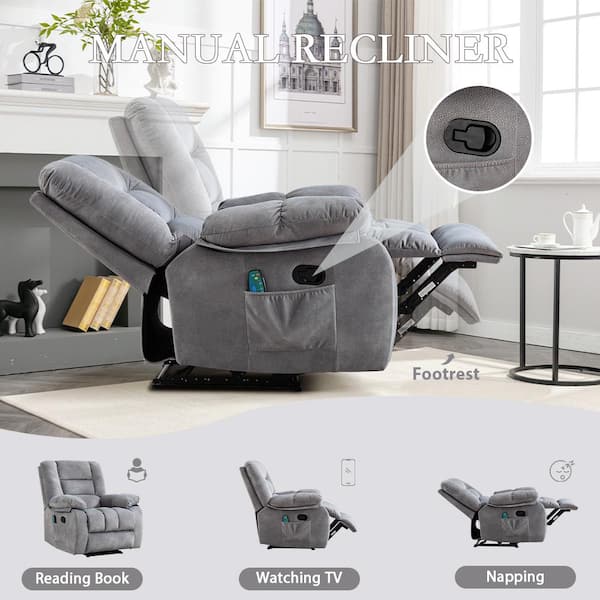 Bestier 36 in. W Gray Oversize Fabric Recliner Chairs with 8-Point