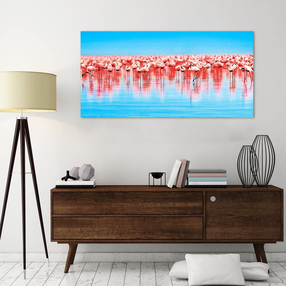 Flamingo Flock Blue and Pink Tempered Glass Wall Art, 24" x 48"