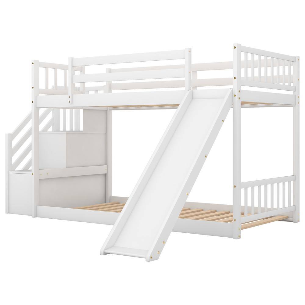 White Low Twin Over Twin Kids Bunk Bed with Staircases, Wood Floor Twin Bunk Bed Frame with Storage Stairway and Slide price history on PriceWatchPro