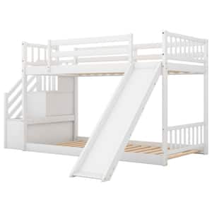 White Low Twin Over Twin Kids Bunk Bed with Staircases, Wood Floor Twin Bunk Bed Frame with Storage Stairway and Slide