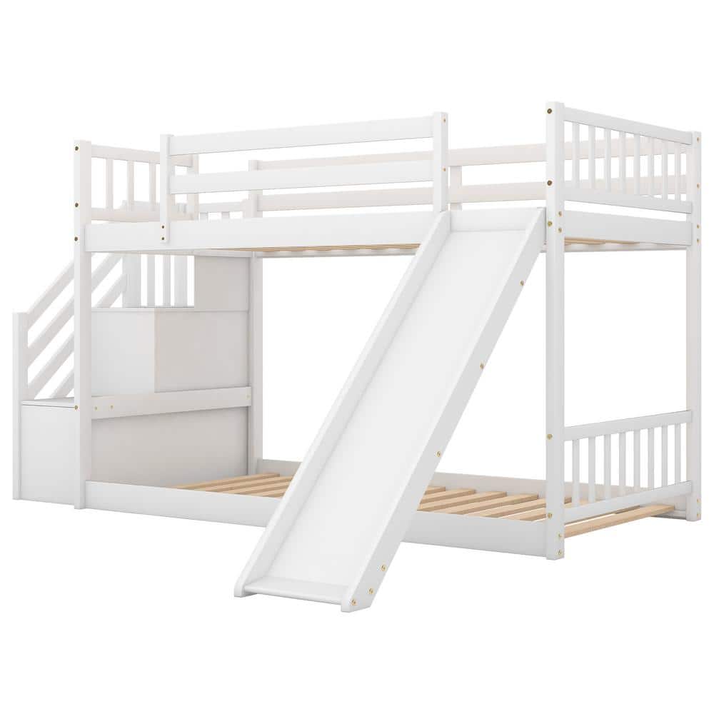 URTR White Twin Bunk Beds with Slide for Kids, Low Profile Bunk Beds with Staircase, No Box