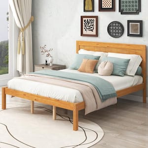 Light Brown Wood Frame Queen Size Platform Bed Frame with Headboard, Wood Slat Support, No Box Spring Needed