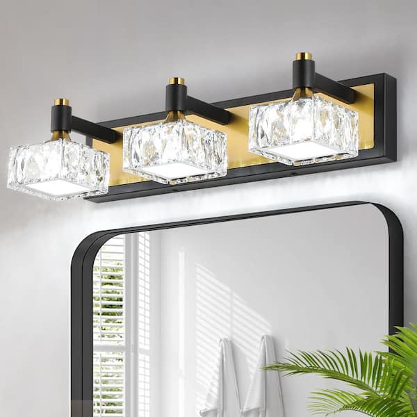 19.69 in. 3-Light Black and Brass Bathroom Vanity Light with Crystal Lampshade Modern Wall Sconce