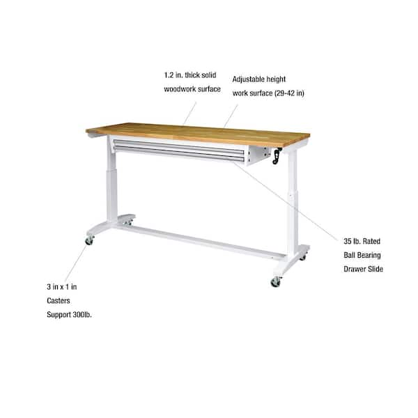 72 in. W x 24 in. D 2-Drawer Adjustable Height White Worktable with Solid Wood Top