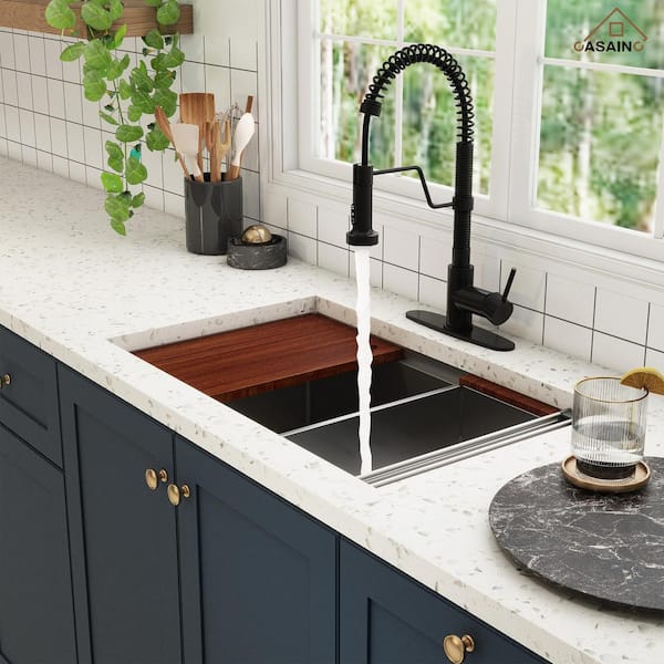 30 in. Undermount Single Bowl 16 Gauge Nano Brushed Stainless Steel Workstation Kitchen Sink with Faucet and Accessories