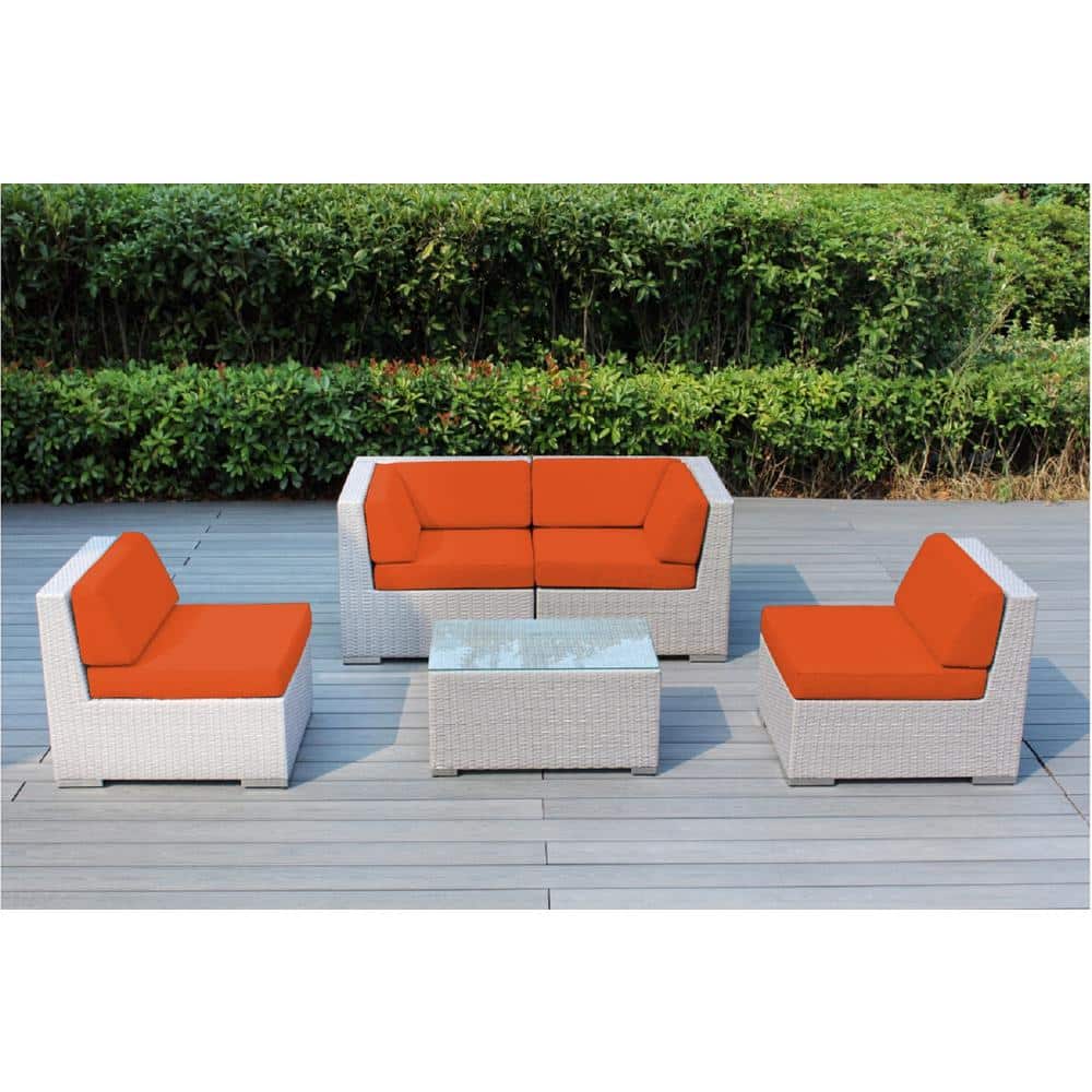 Ohana Depot Ohana Gray 5Piece Wicker Patio Seating Set with Supercrylic Orange Cushions