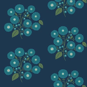 StrawFlower Blue Aqua Matte Vinyl Peel and Stick Wallpaper Sample