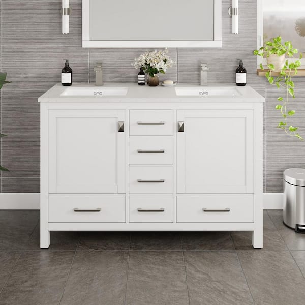 Eviva London 48 in. Double Sink White Bath Vanity with White Carrara Quartz Top (Assembled)